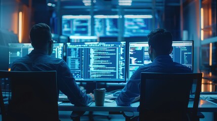 Poster - Young professionals working contemporary business environment monitors with codes programming, large IT office room. Generative AI.