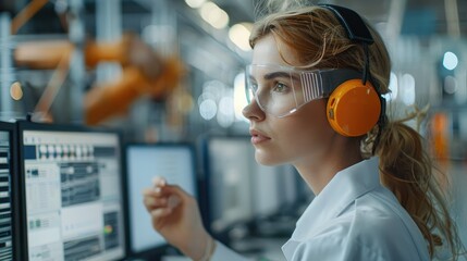 Aufkleber - Engineer Woman Talking with a Headsets using multiple monitors in industry workshop. Generative AI.