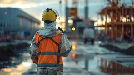 Poster - A male worker wearing full PPE walking away from a construction site far away. Generative AI.