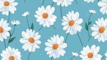Seamless Pattern With Camomiles, Blue Background