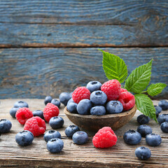 Wall Mural - Blueberries and raspberries on wooden table background