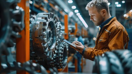 Fototapete - A manufacturing worker in a workshop assembling gearbox using a clearly visible tablet for guidance and traceability. Generative AI.