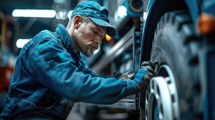 Poster - A mechanic in blue overalls doing maintenance on a truck. Generative AI.