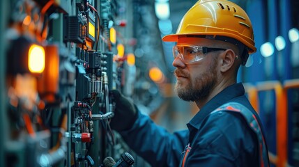 Poster - A facility manager conducting a routine inspection on a transformer, using tools and safety gear. Generative AI.