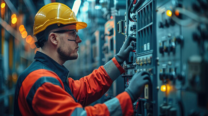Poster - A facility manager conducting a routine inspection on a transformer, using tools and safety gear. Generative AI.