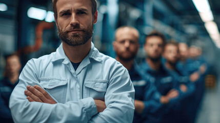 Poster - A maintenance tech manager standing in front of a team of maintenance technicians. Generative AI.