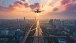 Airplane flying over urban cityscape at sunset with radiant skyline