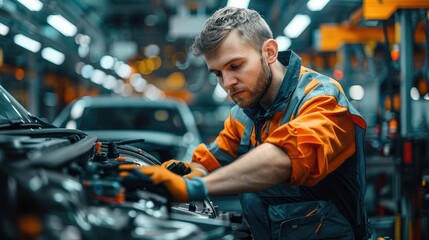 Aufkleber - An automotive factory worker reworking a technical failure at a car. Generative AI.