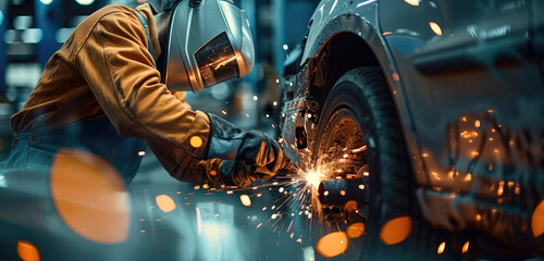 Poster - A man welding exhaust pipe on car, a lot of sparks around him. Generative AI.