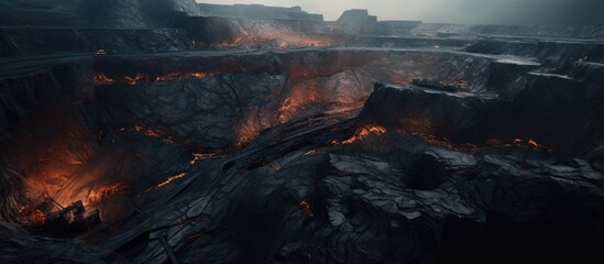 Aerial drone view of coal surface mining in an open pit mine.