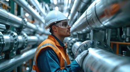 Poster - An engineer inspecting a wall of industrial pipes. Generative AI.