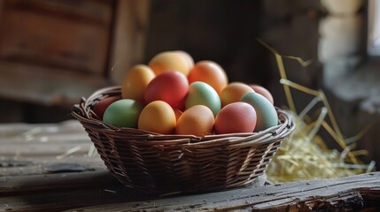 Wall Mural - Basket of colorful chicken eggs on a wooden table in the chicken farm