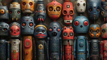Poster - Modern seamless pattern in retro style with robots and monsters. texture with nanobots.