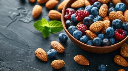 Wall Mural - Bowl with almonds, bilberry, fresh fruit and other healthy food. Organic breakfast with vegetarian nutrition. Super foods collection on table.