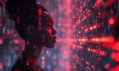 Wall Mural - AI cyber security threat illustration, black african american IT specialist, artificial intelligence collage