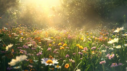 Canvas Print - field of spring flowers and sunlight