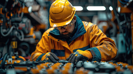 Poster - Expert car mechanic meticulously repair and maintain an electric battery in an auto repair service. Generative AI.