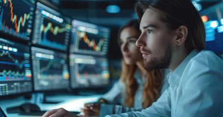 Poster - A male and female stock option traders on a multi screen trading computer in a modern high tech office working under pressure against the time. Generative AI.
