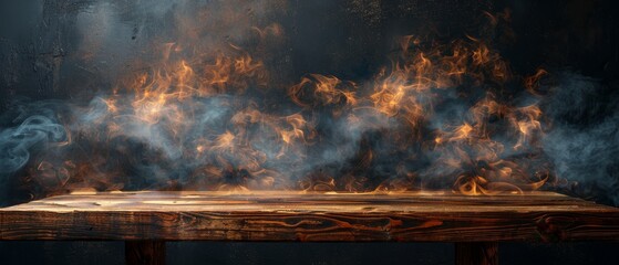 Poster - Empty wooden table with smoke floating up on dark background