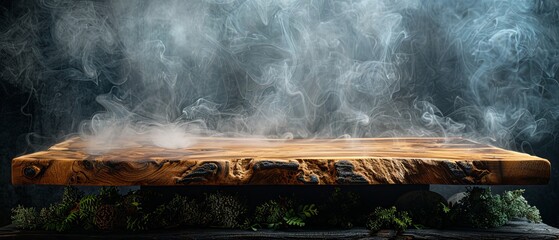 Wall Mural - An empty wood table with smoke floating on a dark background is an ideal display space for your products