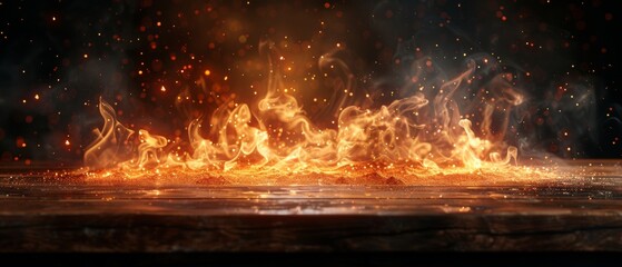 Poster - Table with fire burning at the edge, sparks, smoke, and particles flying in the air, fire flames on a dark background to showcase products