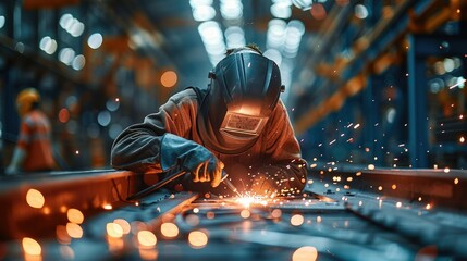 Poster - A welder works production of metal structures. Generative AI.