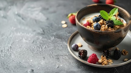 Wall Mural - Homemade granola with milk, fresh berries, milk for breakfast. Copy space. Healthy food concept. Banner