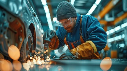 Poster - A man prepares a car door for painting, a car after body repair, sticks a thin yellow tape around the door. Generative AI.