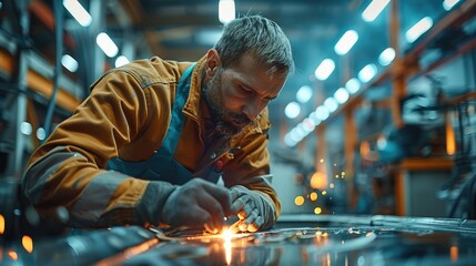 Aufkleber - A man prepares a car door for painting, a car after body repair, sticks a thin yellow tape around the door. Generative AI.