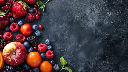 Poster - mix of fresh fruits and berries. raw food ingredients. nutrition background