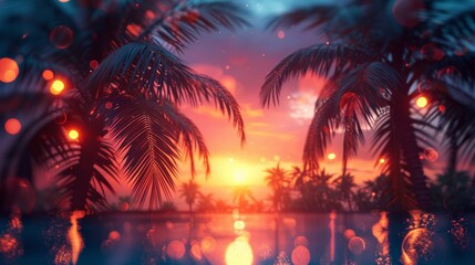Poster - At Sunset, palm trees silhouetted in vintage tone and bokeh lights - Summer Vacation