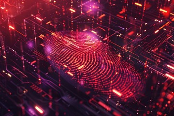 digital purple fingerprint light orange circuit board background. Concept. Scanning system. cyber security or Cyber Security Network Futuristic Background	