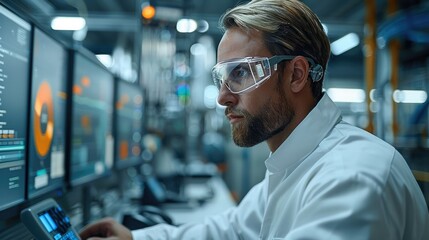 Fototapete - An engineer monitoring a sophisticated AI dashboard showing real-time data and predictive analytics from various sensors on industrial machinery. Generative AI.