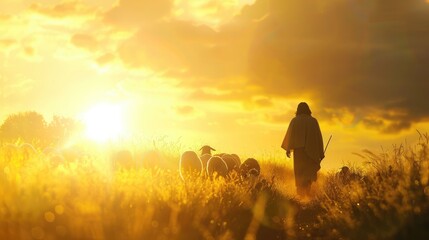 Wall Mural - Shepherd Jesus Christ leading the flock and praying to Jehovah God and bright light sun and Jesus silhouette background in the field