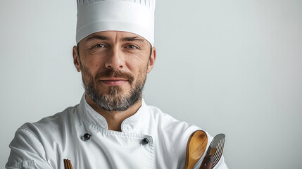 Wall Mural - Experienced chef in chef's hat with cooking utensils isolated on white background. Generative AI.