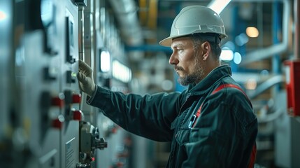 Poster - An engineer checking a electric security panel of a pipeline plant at food farm. Generative AI.