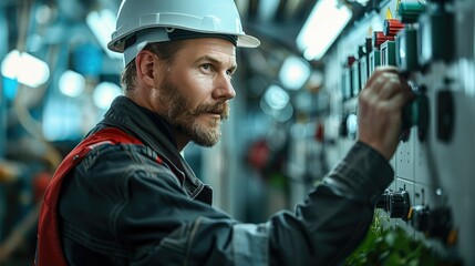 Poster - An engineer checking a electric security panel of a pipeline plant at food farm. Generative AI.