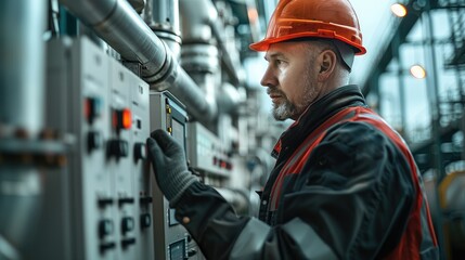 Poster - An engineer checking a electric security panel of a pipeline plant at food farm. Generative AI.