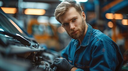 Leinwandbilder - A mechanic working attentively on a vehicle in an auto repair shop. The mechanic is wearing a dark blue work shirt and protective gloves. Generative AI.