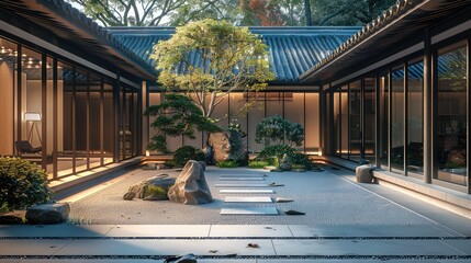 Wall Mural - Japanese courtyard is surrounded by concrete and stone. Generative AI.