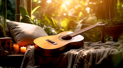 Wall Mural - The guitar lies on the sofa with candles in the garden. the concept: a song for meditation, relaxation, music therapy