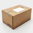 scatola di cartone imballata con etichette, pacco postale, sfondo bianco
