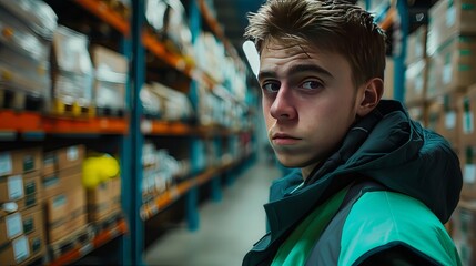 Wall Mural - a very detailed photo of a guy who is working as a logistic worker in a warehouse wearing a turquoise safety jacket. The guy is looking into the camera. The image looks like a movie still. The camera 