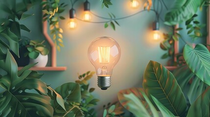 Wall Mural - Bright Light bulb with home green leaves and plants. for the concept of renewable clean energy and saving electricity bill cost using sustainable resources and consumption data. 3D. Generative AI.