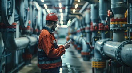 Poster - A plumber checking a pipe in an industrial building. Generative AI.