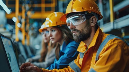 Poster - Engineers wearing hard hats working with their customers while looking at graphs and charts. Generative AI.
