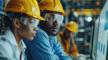 Poster - Engineers wearing hard hats working with their customers while looking at graphs and charts. Generative AI.