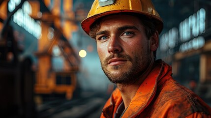 Poster - A worker in a steel mill factory looking into the camera. Generative AI.