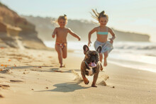 Happy Children Running Alongside Their Small Bulldog Along The Beach Coast
