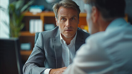 Poster - A businessman is explaining to a male colleague on a computer on his desk in the office. Generative AI.